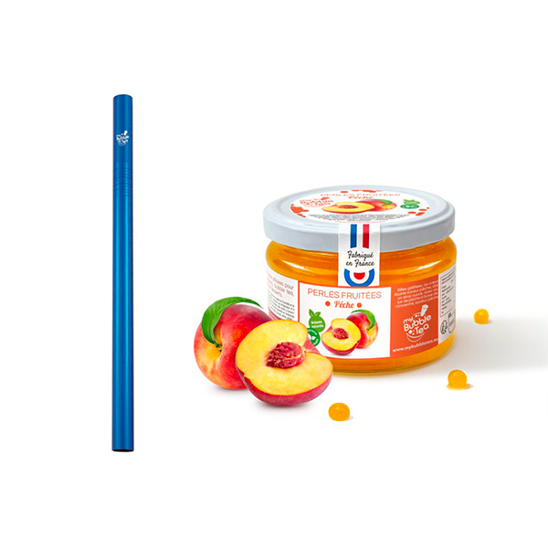 1 pot de 240g de Bubble Tea pêche + 1 paille réutilisable bleue
